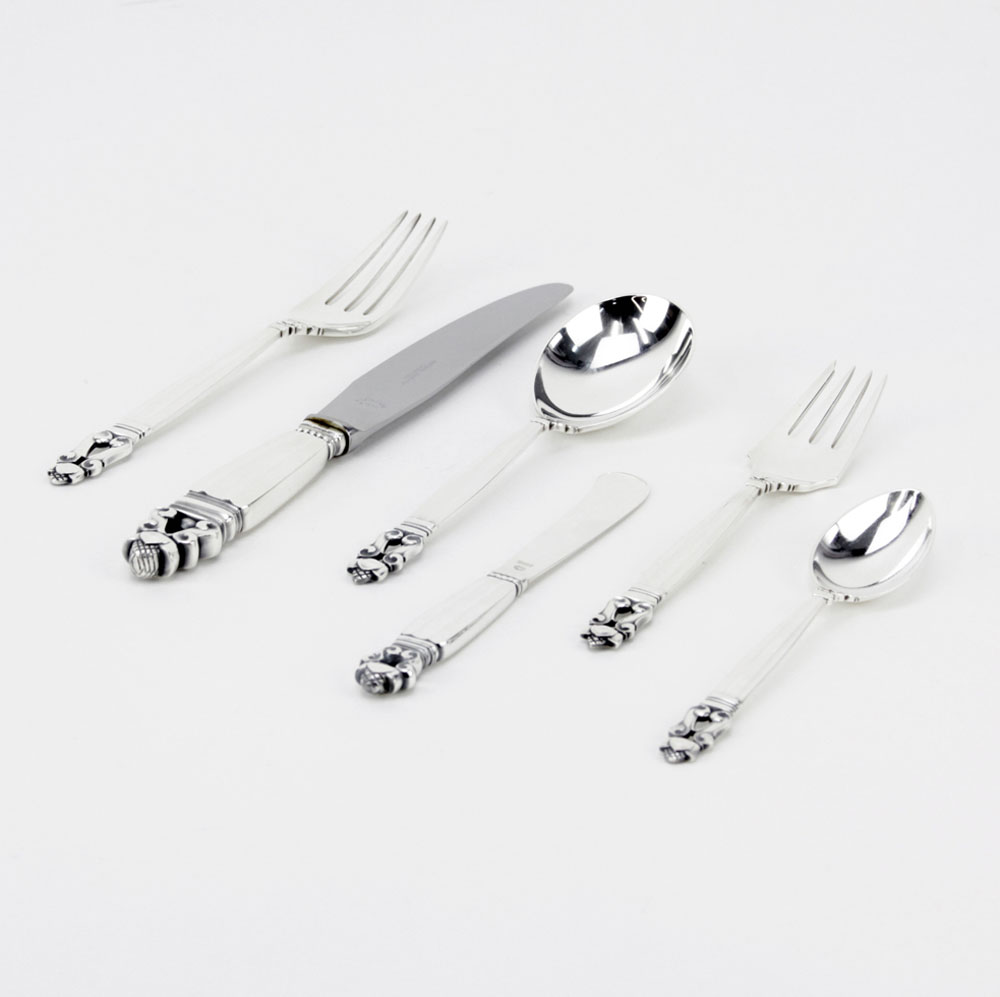 Seventy-Four (74) Piece Georg Jensen "Acorn" Sterling Silver Flatware Set. 