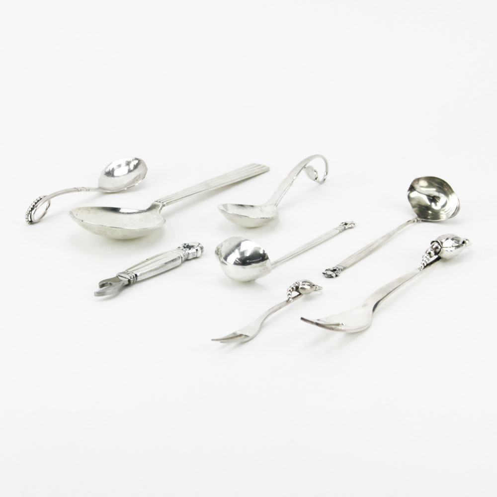 Eight (8) Georg Jensen "Acorn" Sterling Silver Serving Pieces. 