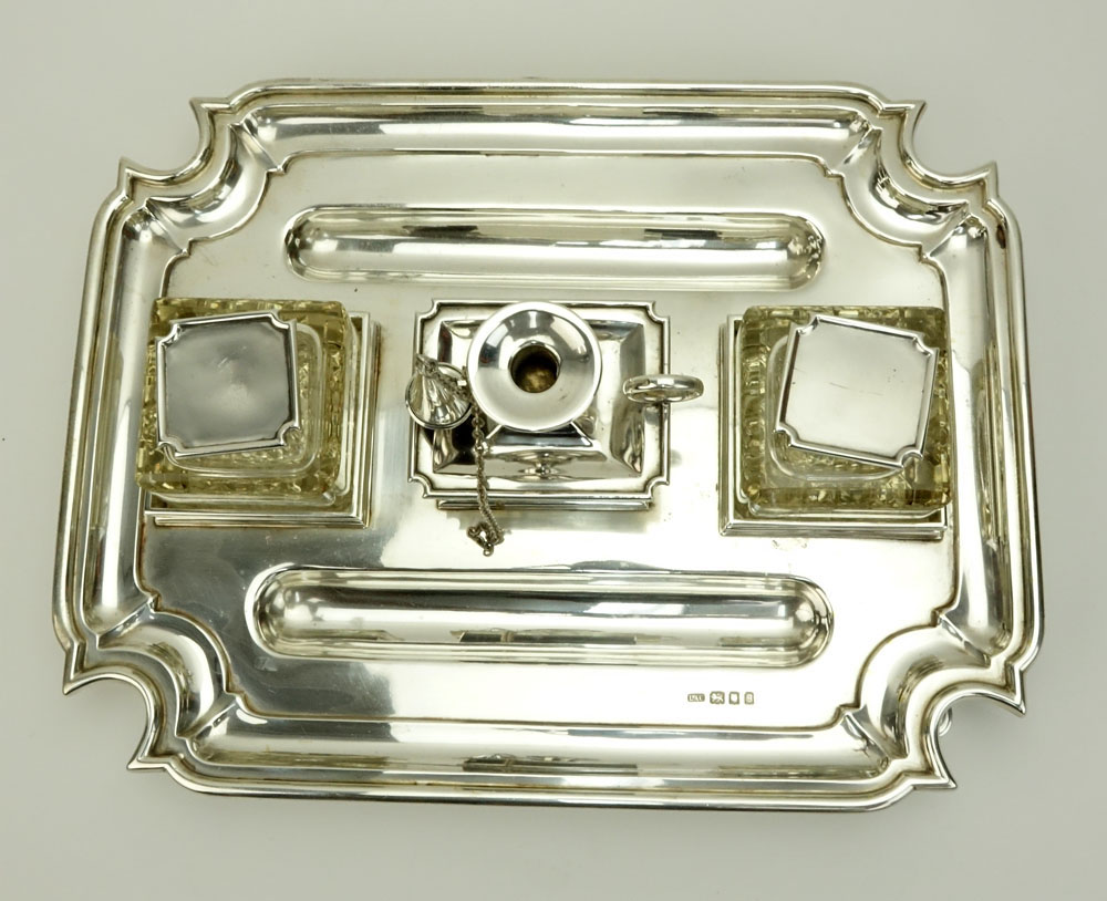 1920's English Silver Inkstand. Two glass ink bottles, candle holder, stamp box and snuffer.