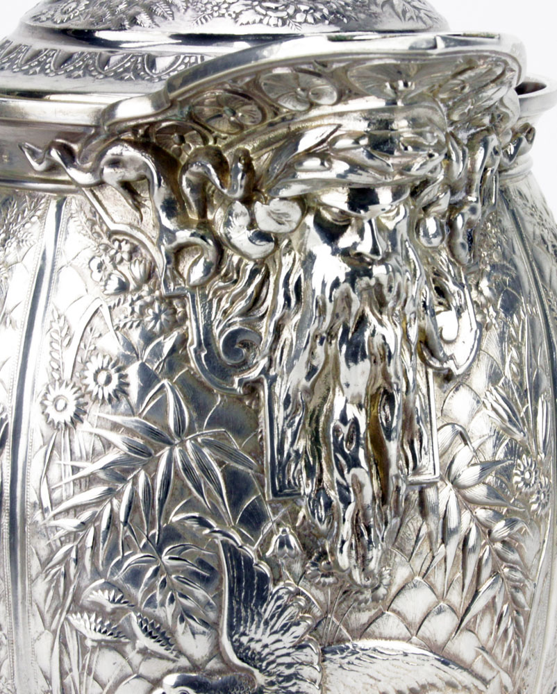 Ornate Victorian Roger Bros. Silver Plate Water Tippler. Figural spout, birds, flowers, dolphins throughout.