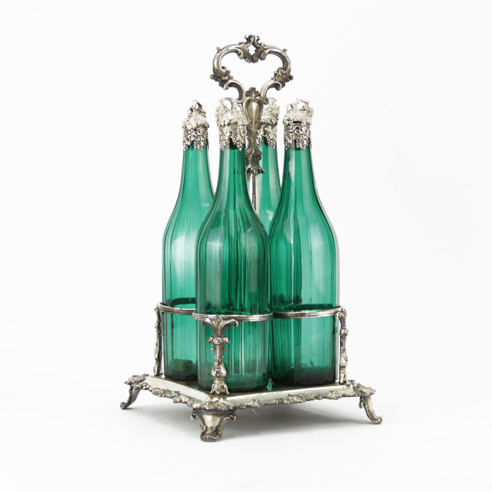 Antique Silver Plate and Emerald Green Decanter Set. Bottles with cut and polished bottles. Grape vine motif.