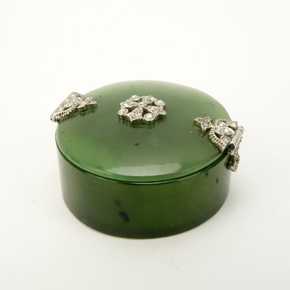 Antique Russian Platinum and Rose Cut Diamond Mounted Nephrite Jade Pill Box.