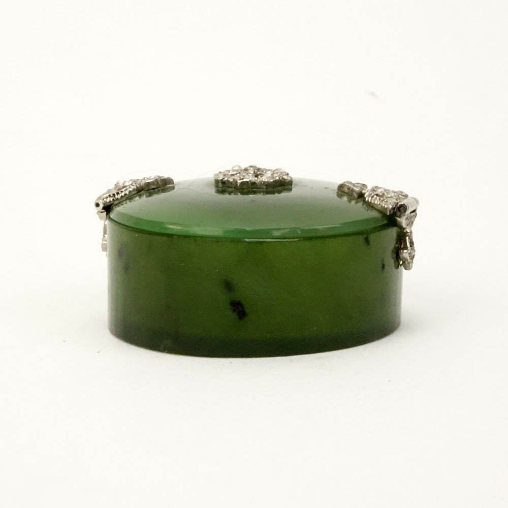 Antique Russian Platinum and Rose Cut Diamond Mounted Nephrite Jade Pill Box.