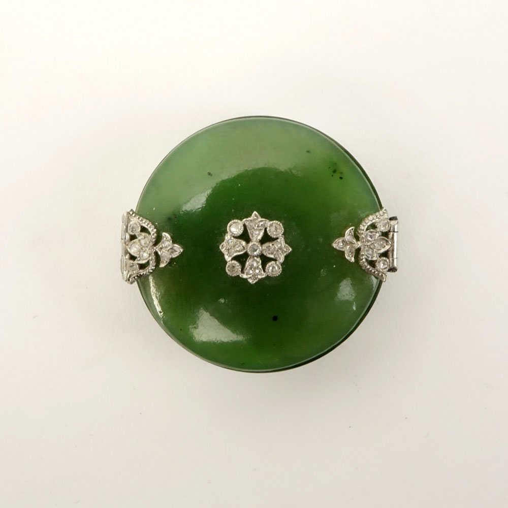 Antique Russian Platinum and Rose Cut Diamond Mounted Nephrite Jade Pill Box.