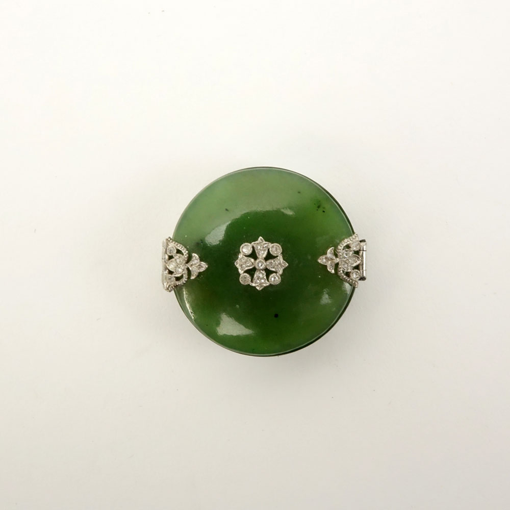 Antique Russian Platinum and Rose Cut Diamond Mounted Nephrite Jade Pill Box.