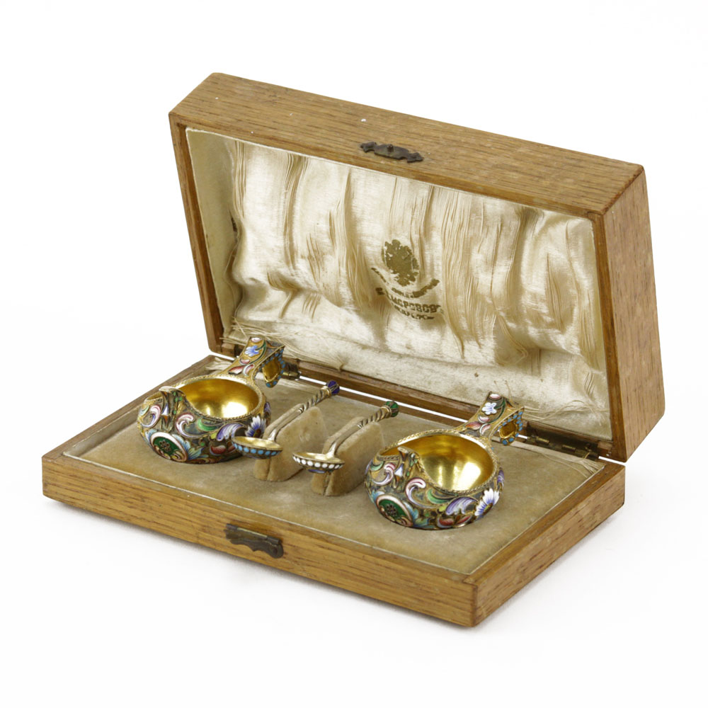 Late 19th Early 20th Century Russian Enamel Gilt Silver Kovsh Set.