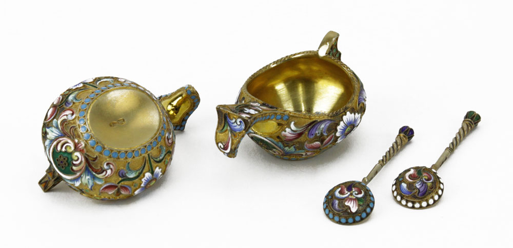 Late 19th Early 20th Century Russian Enamel Gilt Silver Kovsh Set.