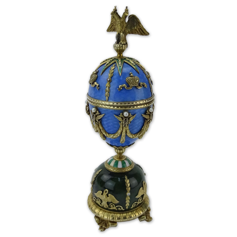 Early 20th Century Russian Gilt Silver, Nephrite Jade and Guilloche Enamel Egg 