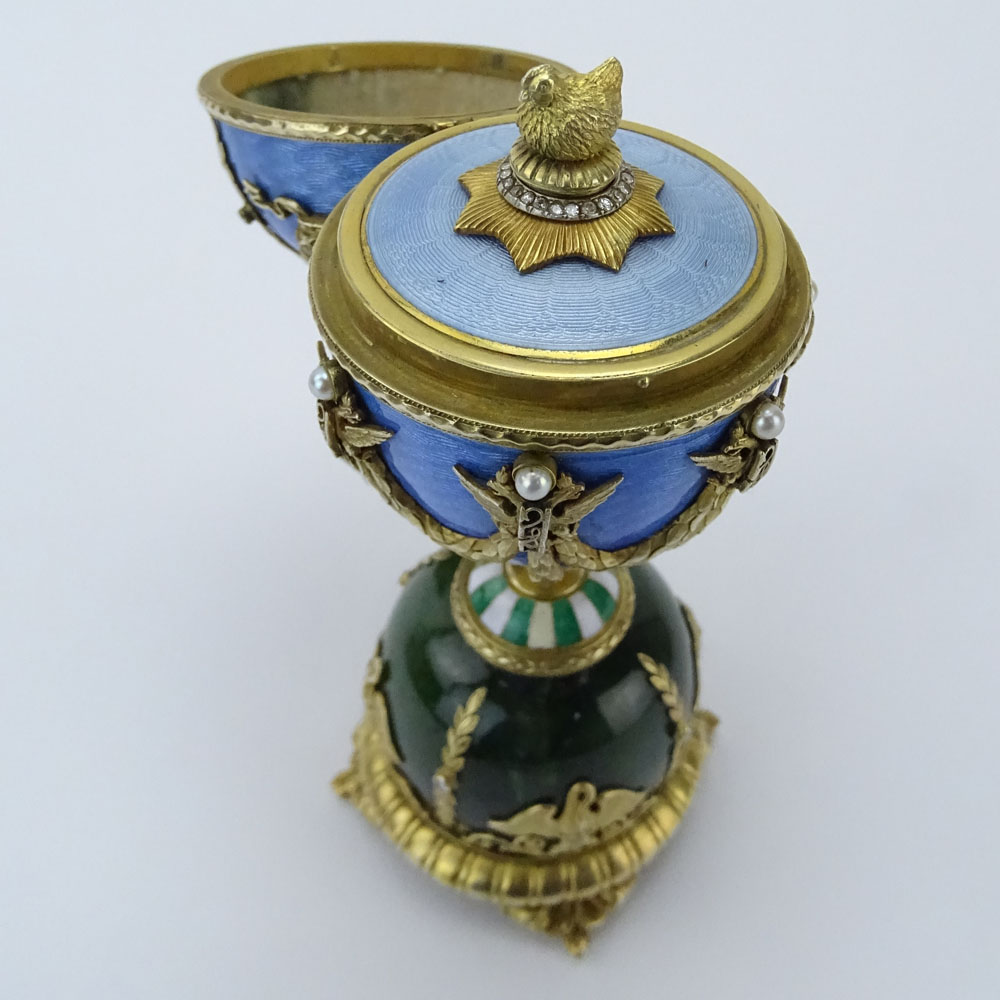 Early 20th Century Russian Gilt Silver, Nephrite Jade and Guilloche Enamel Egg 