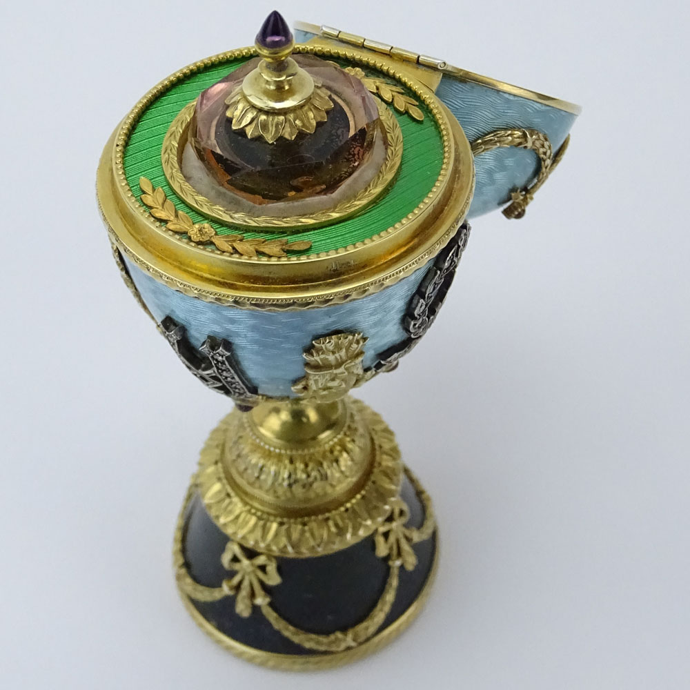 Early 20th Century Russian 88 Gilt Silver, Nephrite Jade, Guilloche Enamel Egg 