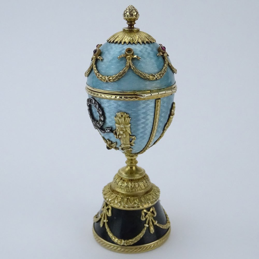 Early 20th Century Russian 88 Gilt Silver, Nephrite Jade, Guilloche Enamel Egg 