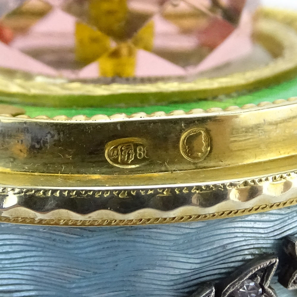 Early 20th Century Russian 88 Gilt Silver, Nephrite Jade, Guilloche Enamel Egg 