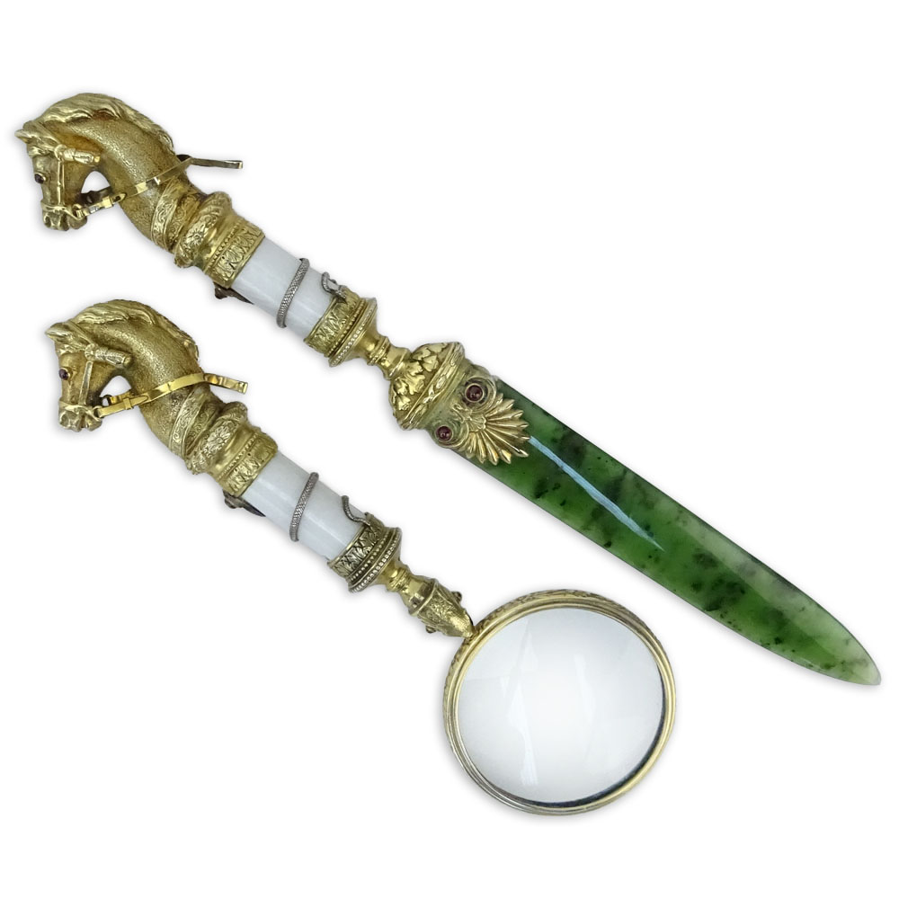 Russian Nephrite Jade, 88 Silver, and Guilloche Enamel Letter Opener together with an 88 Silver and Guilloche Enamel Magnifying Glass in Fitted Box