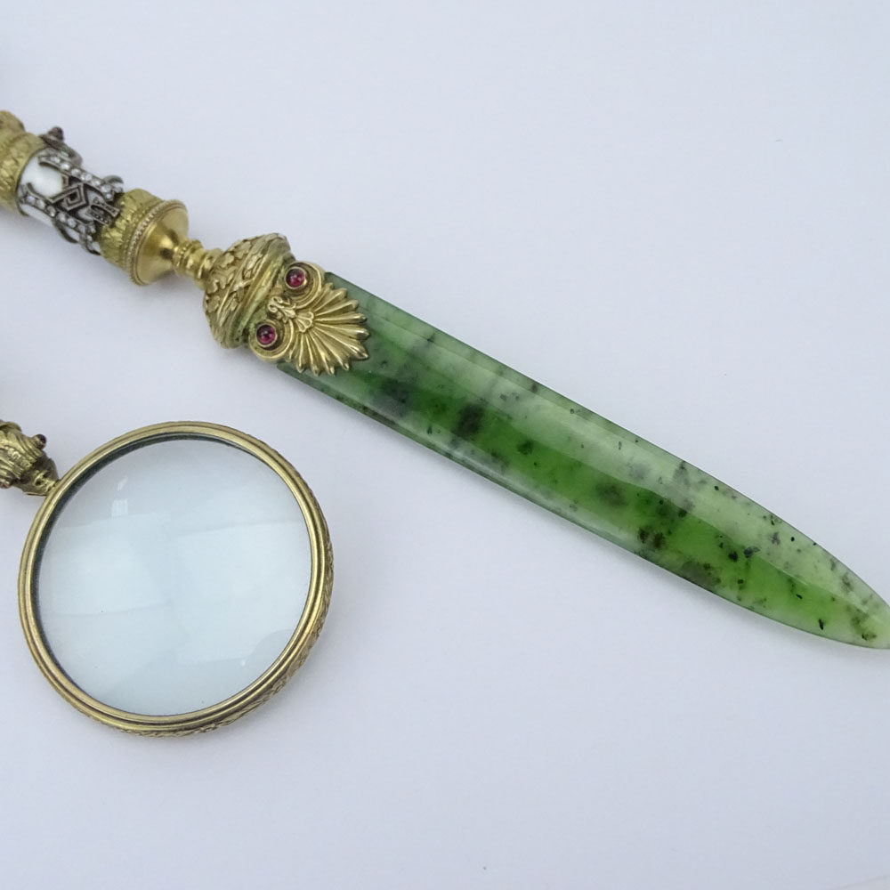 Russian Nephrite Jade, 88 Silver, and Guilloche Enamel Letter Opener together with an 88 Silver and Guilloche Enamel Magnifying Glass in Fitted Box