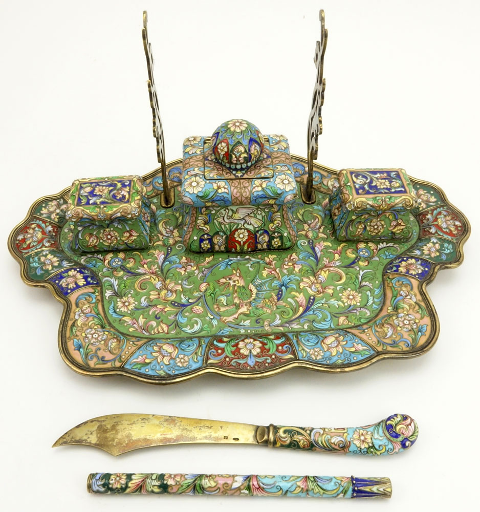 Large Early 20th Century Russian signed Feodor Ruckert Six (6) Part 88 Gilt Silver and Cloisonne Enamel Inkstand.