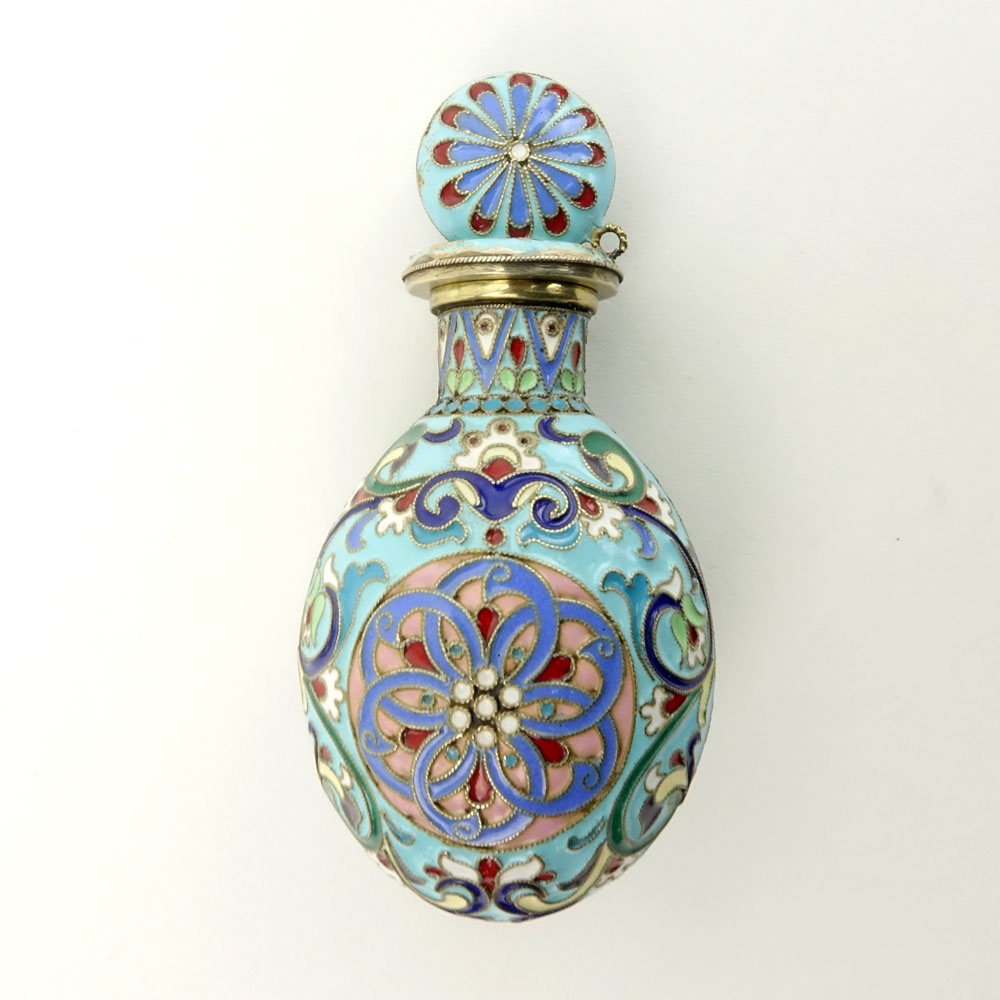 Mid 20th Century Russian 84 Silver and Cloisonne Enamel Scent Bottle.