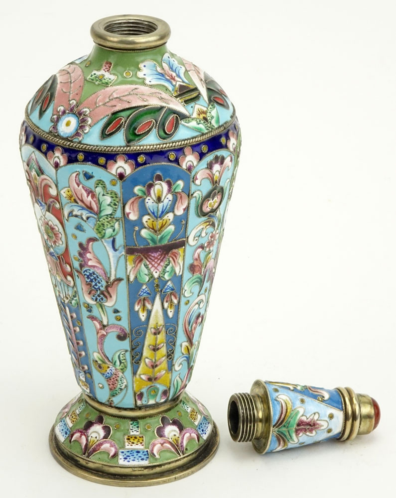 20th Century Russian 88 Silver and Cloisonne Enamel Large Scent Bottle with Carnelian topped Stopper.