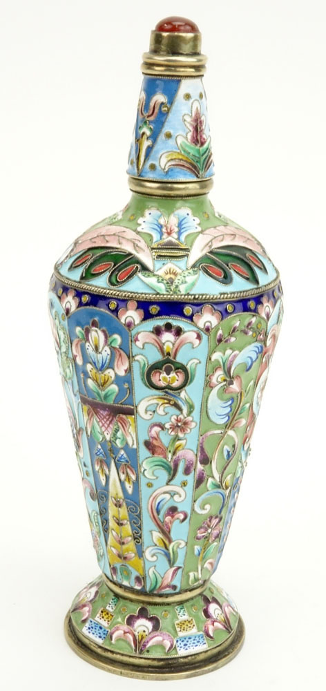 20th Century Russian 88 Silver and Cloisonne Enamel Large Scent Bottle with Carnelian topped Stopper.