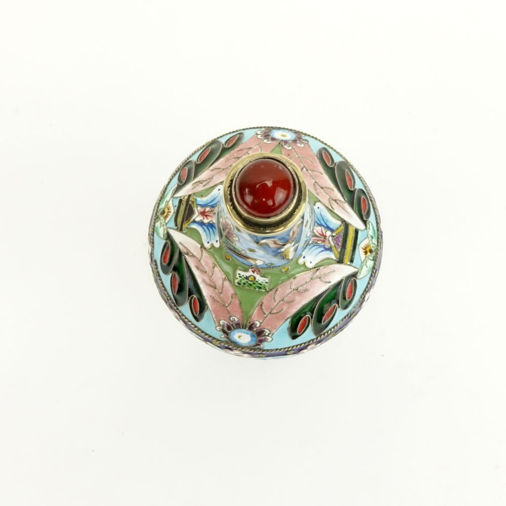 20th Century Russian 88 Silver and Cloisonne Enamel Large Scent Bottle with Carnelian topped Stopper.