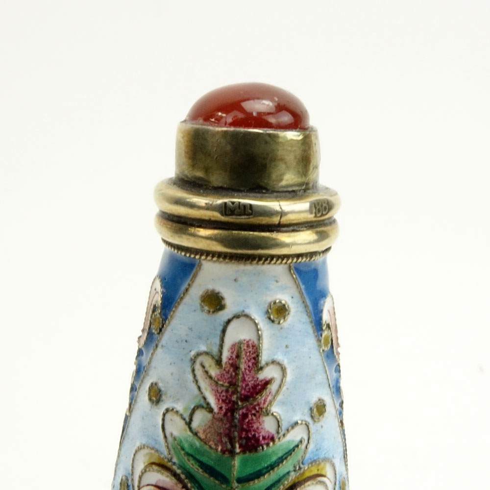 20th Century Russian 88 Silver and Cloisonne Enamel Large Scent Bottle with Carnelian topped Stopper.