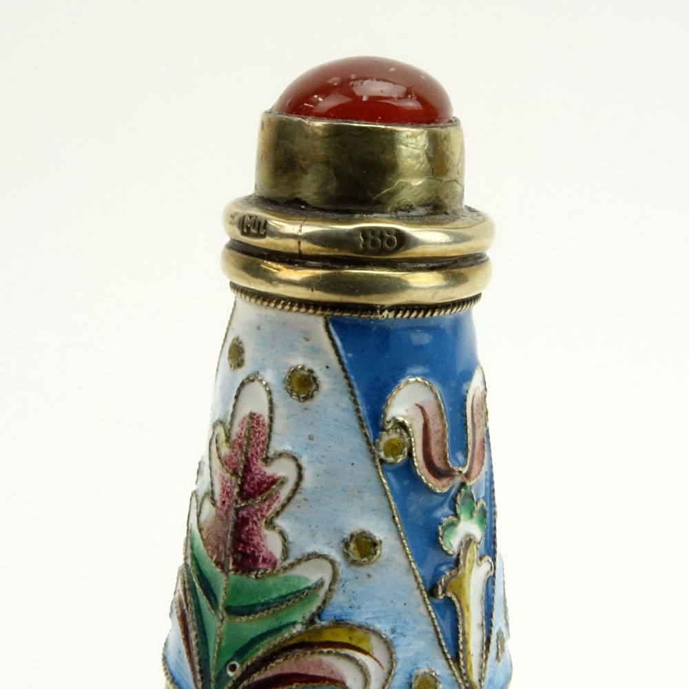 20th Century Russian 88 Silver and Cloisonne Enamel Large Scent Bottle with Carnelian topped Stopper.