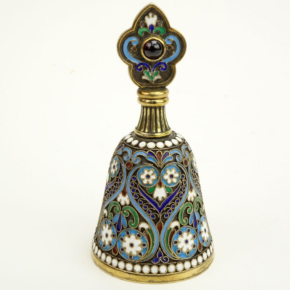 20th Century Russian 88 Silver an Cloisonne Enamel Perfume Bottle, Stopper Set with Cabochon Garnets.