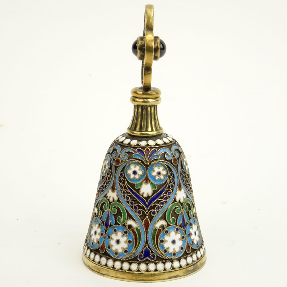 20th Century Russian 88 Silver an Cloisonne Enamel Perfume Bottle, Stopper Set with Cabochon Garnets.