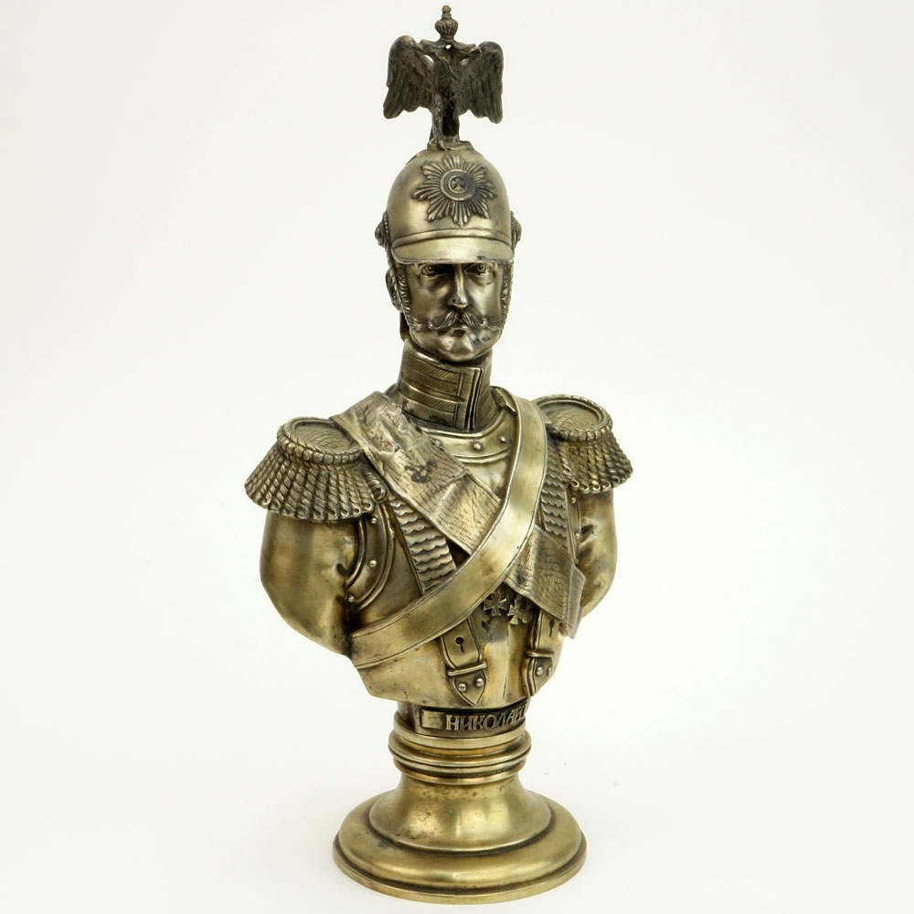 20th Century Russian Morozov 84 Silver Bust of Emperor Nicholas I after Friedrich August Theodor Dietrich, St. Petersburg, 1896. 