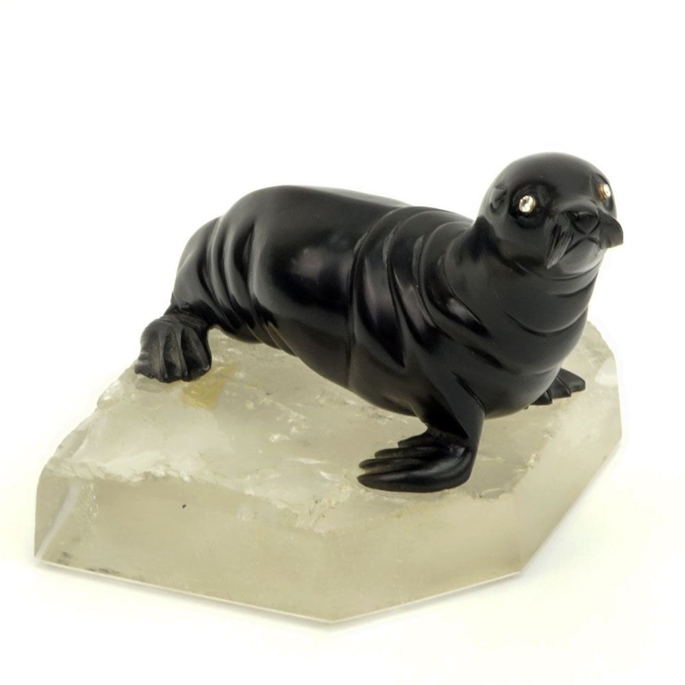 20th Century Russian Carved Obsidian Seal with Rose Cut Diamond Eyes on Carved Rock Crystal base.