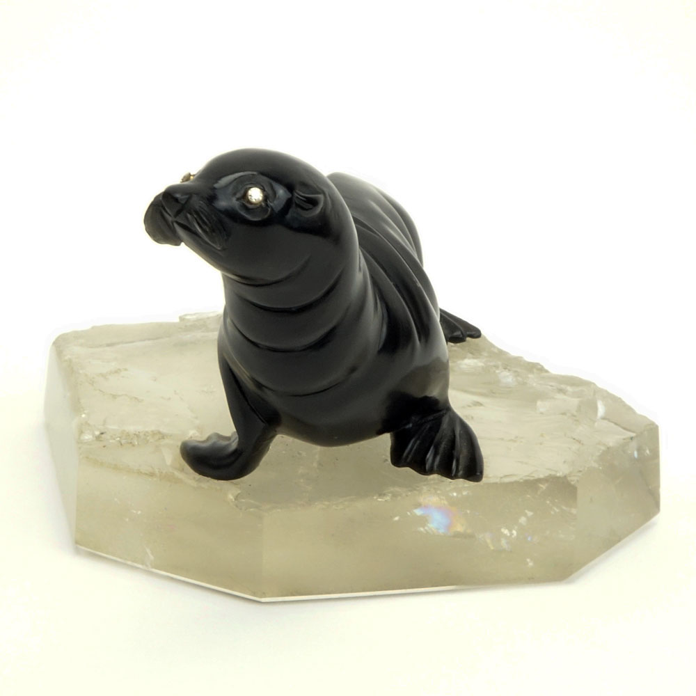 20th Century Russian Carved Obsidian Seal with Rose Cut Diamond Eyes on Carved Rock Crystal base.