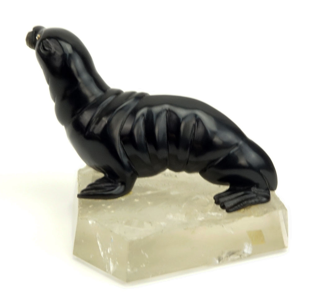 20th Century Russian Carved Obsidian Seal with Rose Cut Diamond Eyes on Carved Rock Crystal base.