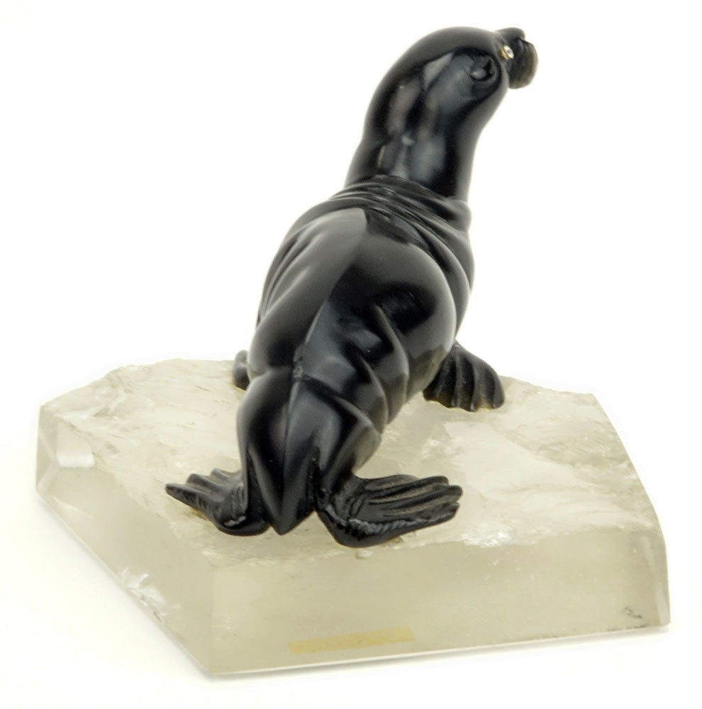 20th Century Russian Carved Obsidian Seal with Rose Cut Diamond Eyes on Carved Rock Crystal base.