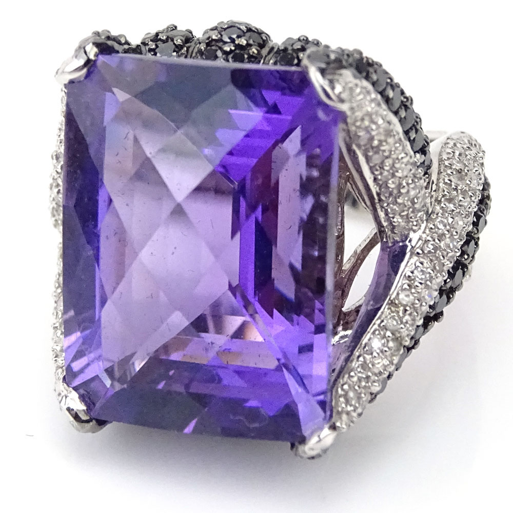 Approx. 12.0 Carat Rectangular Cut Amethyst, 3.0 Carat Micro Pave Set Round Brilliant Cut White and Black Diamond and 14 Karat White Gold Ring