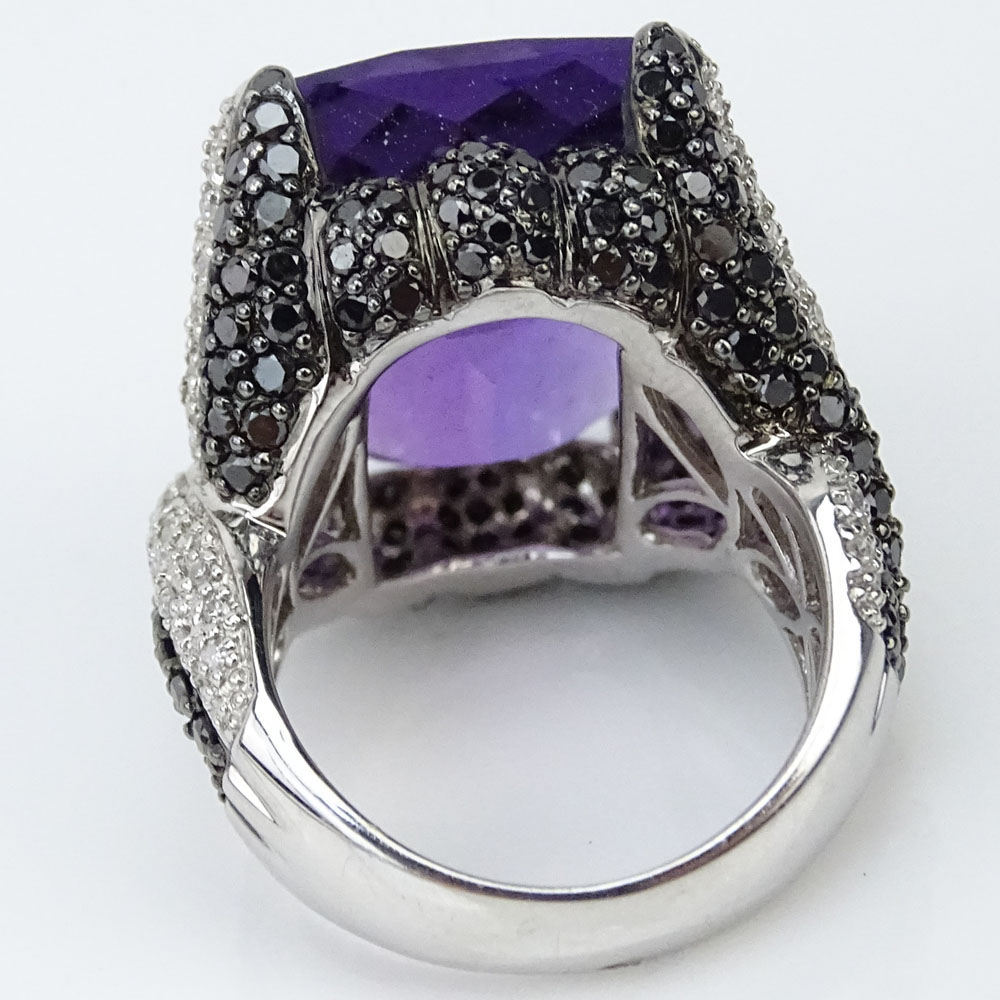 Approx. 12.0 Carat Rectangular Cut Amethyst, 3.0 Carat Micro Pave Set Round Brilliant Cut White and Black Diamond and 14 Karat White Gold Ring