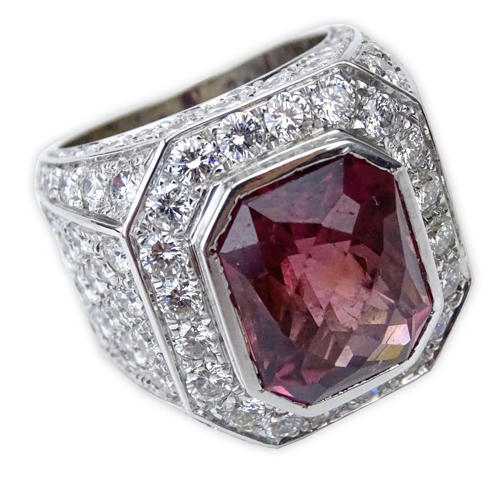 Approx. 12.0 Carat High Quality Radiant Modified Brilliant Cut Tourmaline, 7.40 Carat Pave Set Round Brilliant Cut Diamond and 18 Karat White Gold Ring