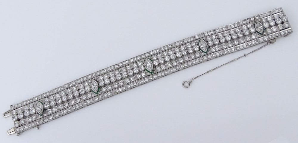 Art Deco Approx. 25.0 Carat Marquise and Round Brilliant Cut Diamond and Platinum Bracelet with small Emerald Accents