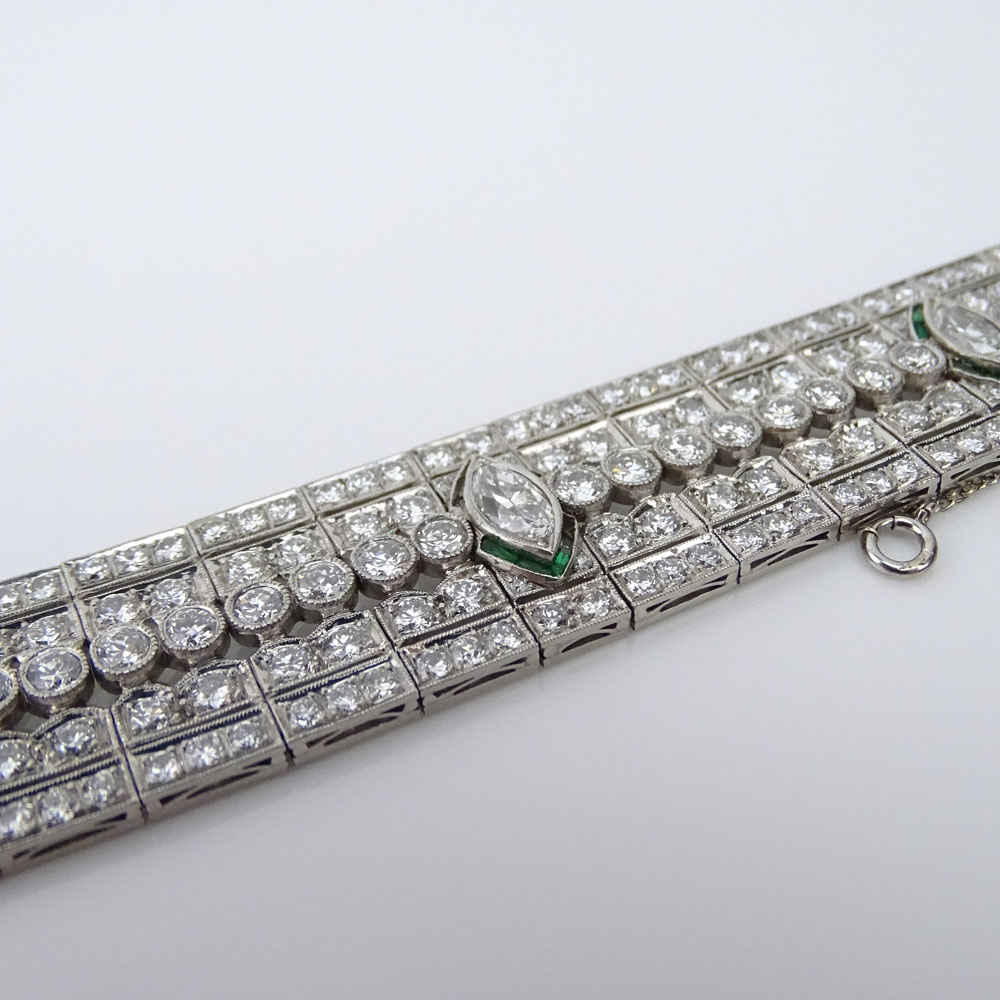 Art Deco Approx. 25.0 Carat Marquise and Round Brilliant Cut Diamond and Platinum Bracelet with small Emerald Accents