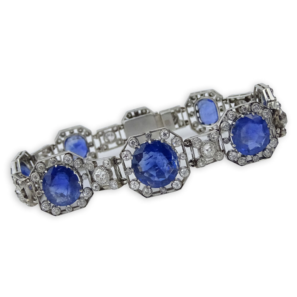 French Art Deco Approx. 42.0 Carat Natural Unheated Oval and Round Cut Sapphire, 7.50 Carat Old European Cut Diamond and Platinum Bracelet