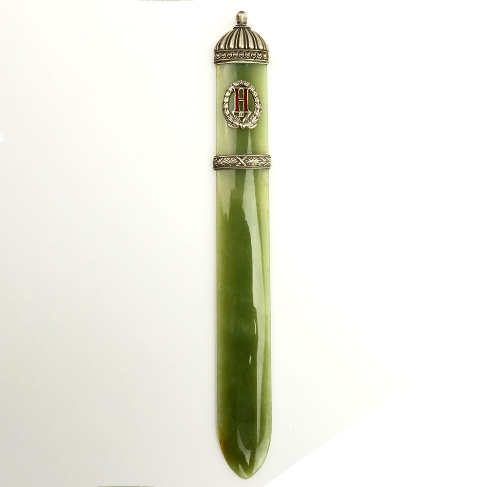 20th Century Russian Moscow 88 Silver Mounted Jade Letter Opener with Enameled Monogram "A". 