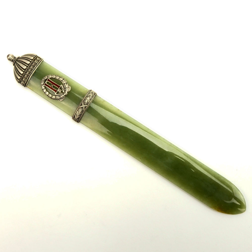 20th Century Russian Moscow 88 Silver Mounted Jade Letter Opener with Enameled Monogram "A". 