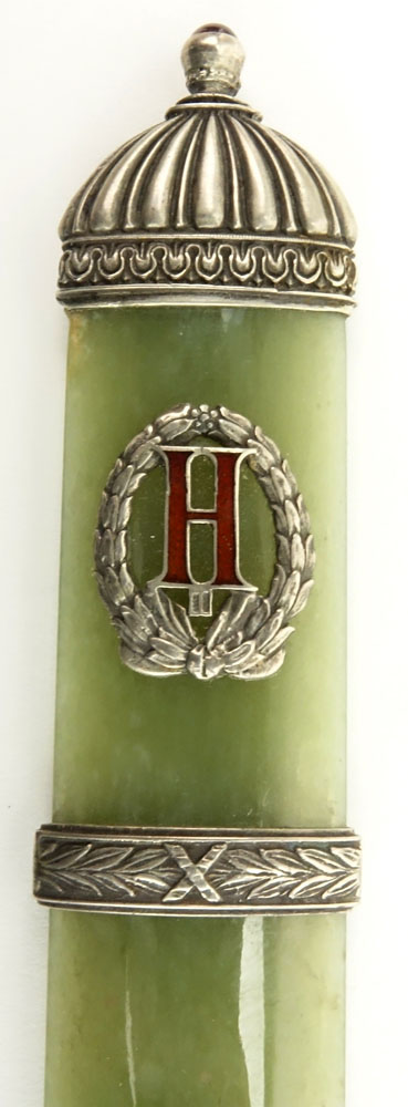 20th Century Russian Moscow 88 Silver Mounted Jade Letter Opener with Enameled Monogram "A". 