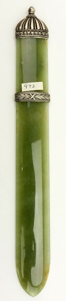 20th Century Russian Moscow 88 Silver Mounted Jade Letter Opener with Enameled Monogram "A". 