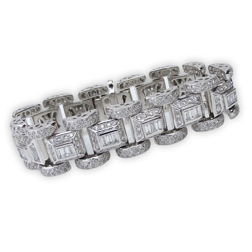 Fine Quality Approx. 10.50 Carat Pave Set Round Brilliant Cut and Baguette Cut Diamond and 18 Karat White Gold Bracelet