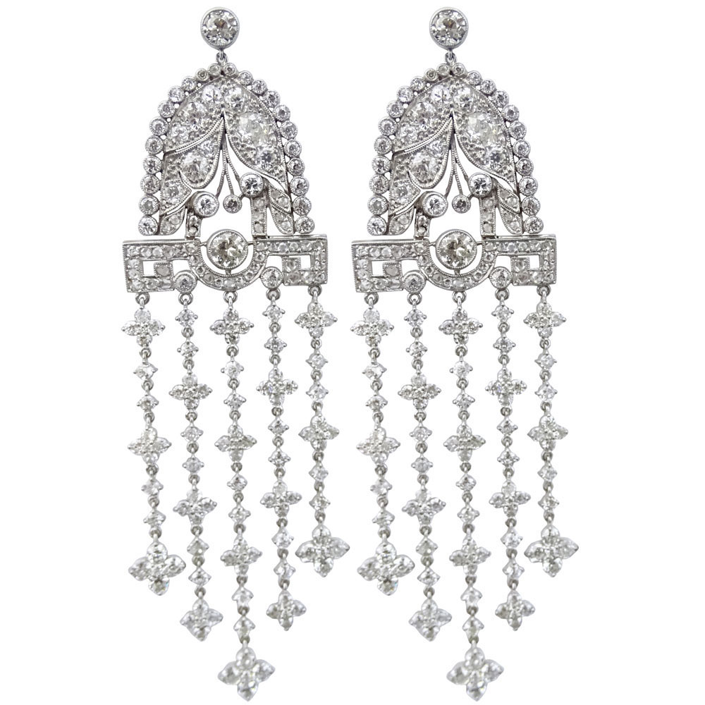 Stunning Pair of Art Deco Approx. 21.50 Carat Old European and Rose Cut Diamond and Platinum Chandelier Earrings
