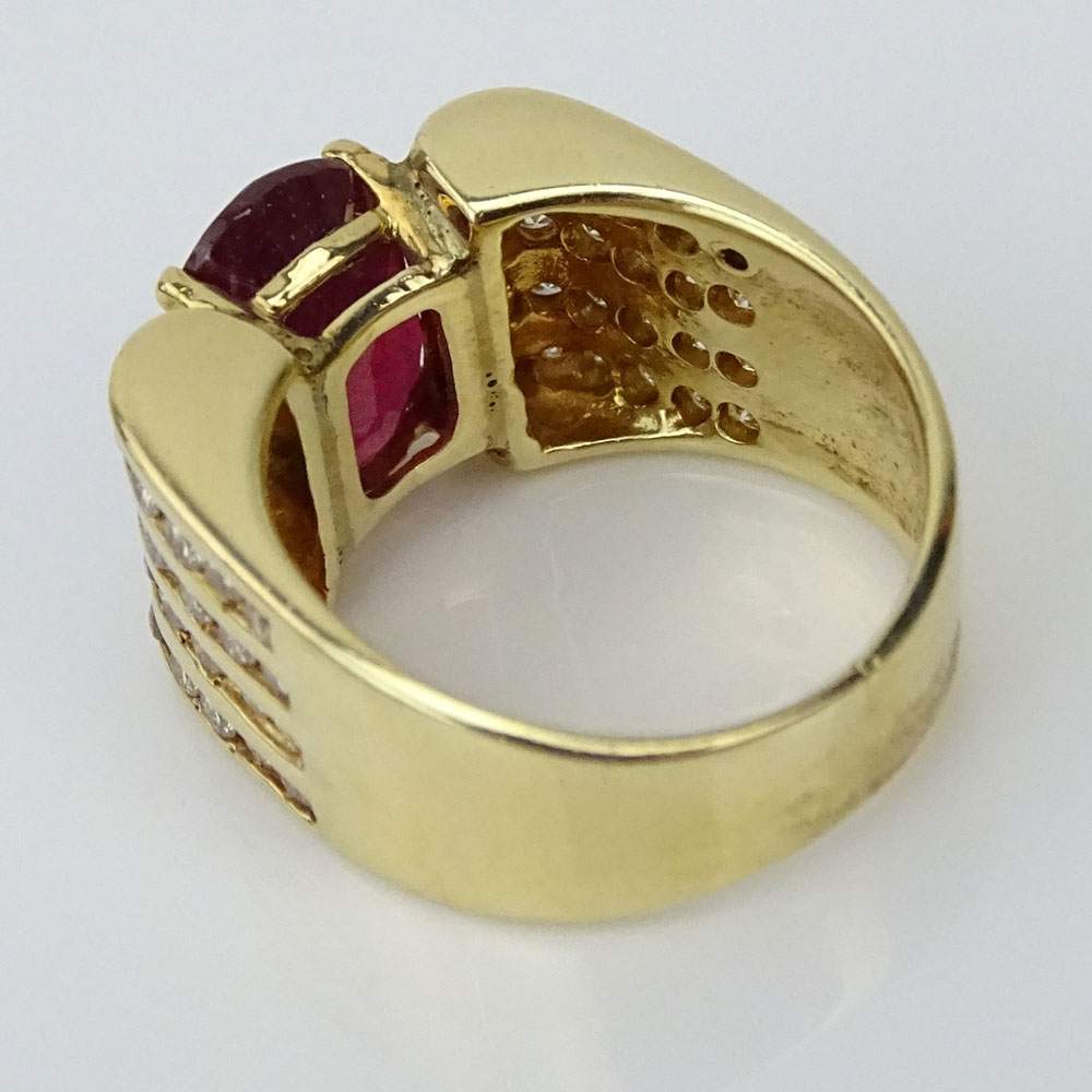 Vintage Approx. 4.50 Carat Oval Cut Ruby, 1.0 Carat Round Brilliant Cut Diamond and 14 Karat Yellow Gold Ring