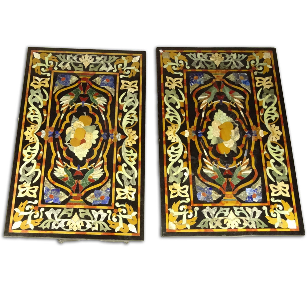 Pair 19th Century Pietra Dura Table Tops on Later Wrought Iron Bases.