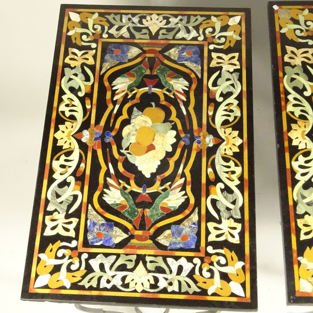 Pair 19th Century Pietra Dura Table Tops on Later Wrought Iron Bases.