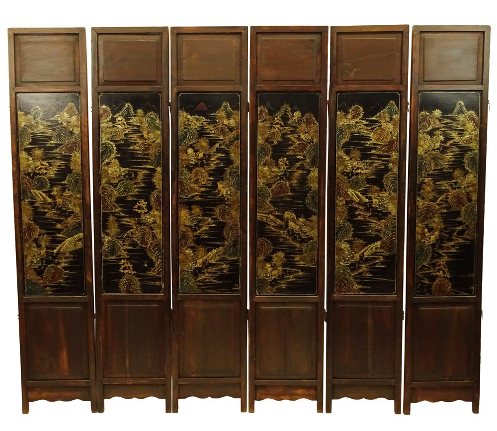 Chinese Qing Dynasty, 19th Century Jade and Hardstone-Inlaid Carved and Lacquer Hardwood Six Panel Screen. 