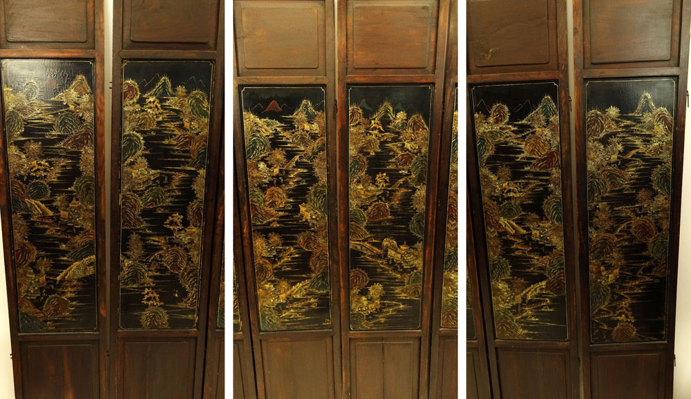 Chinese Qing Dynasty, 19th Century Jade and Hardstone-Inlaid Carved and Lacquer Hardwood Six Panel Screen. 