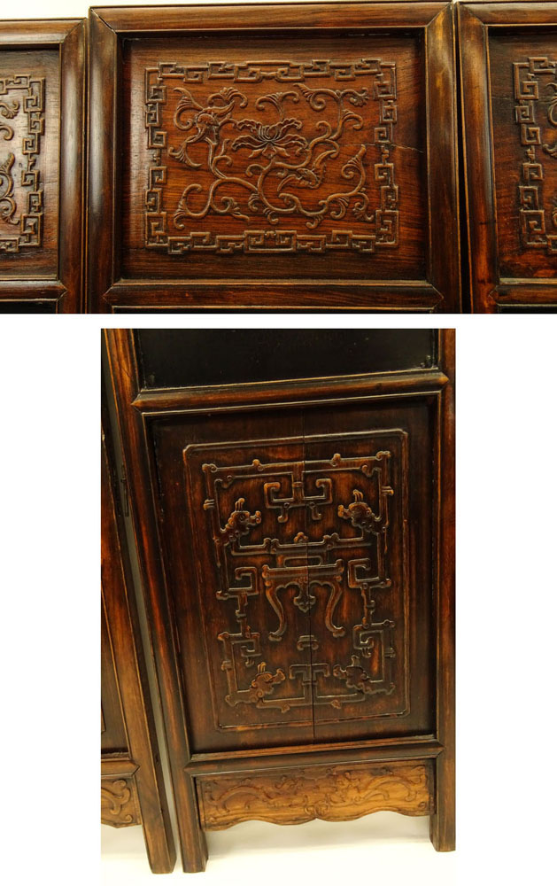 Chinese Qing Dynasty, 19th Century Jade and Hardstone-Inlaid Carved and Lacquer Hardwood Six Panel Screen. 